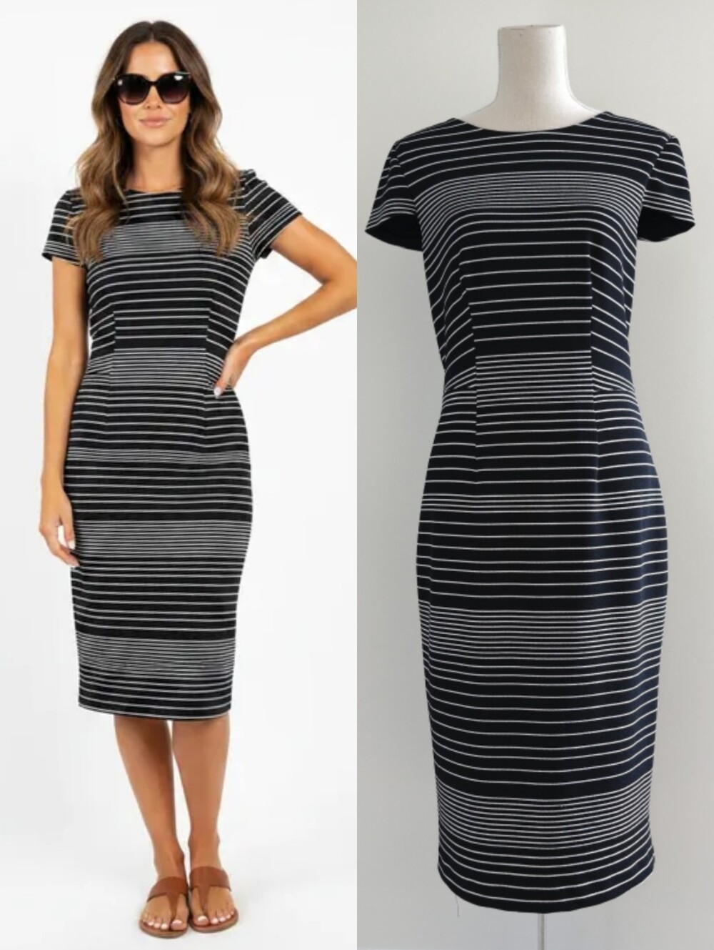Saks Fifth Avenue Black and White Striped Knit Sheath Midi Dress